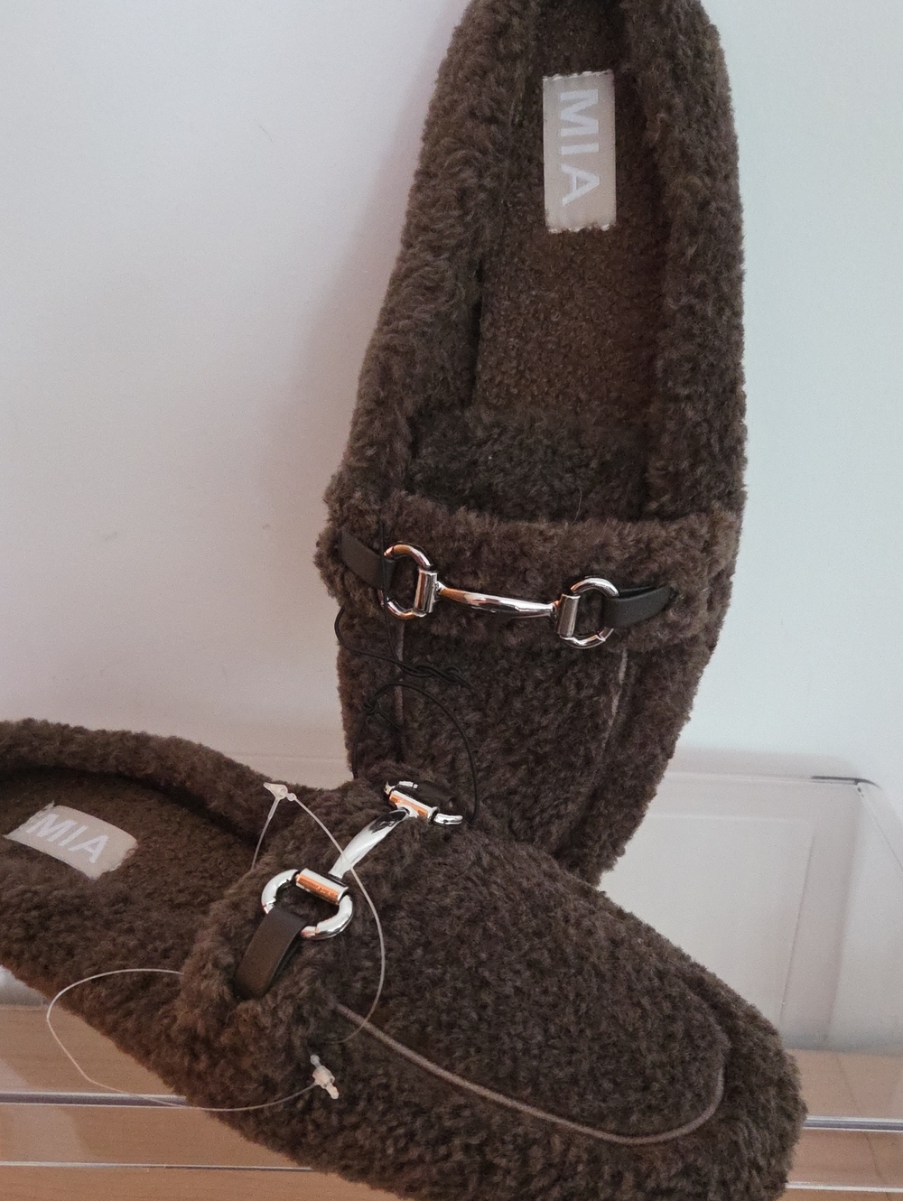 MIA Chocolate Brown Faux Shearling Mule Loafers with Silver Bit Size 9 NWOT